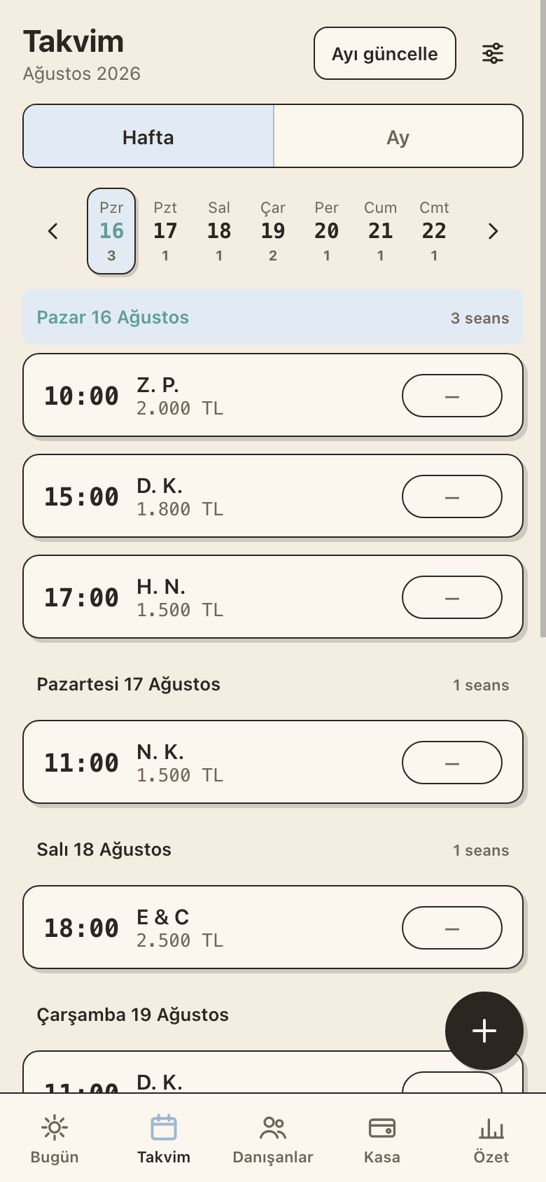 Week view of the calendar with a day strip and session list