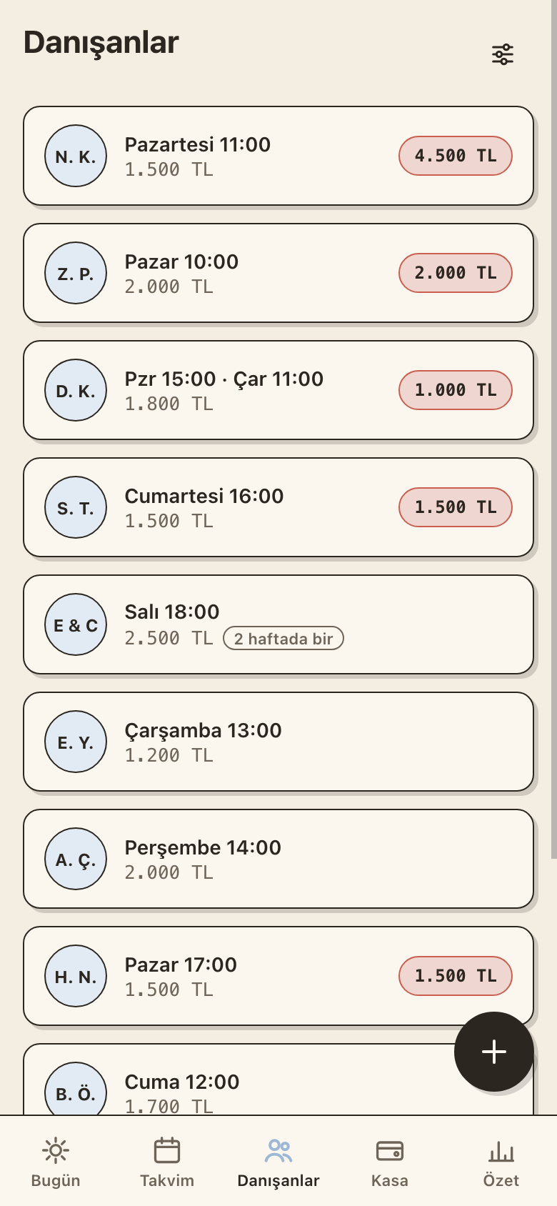 Client list showing initials, slots and outstanding amounts