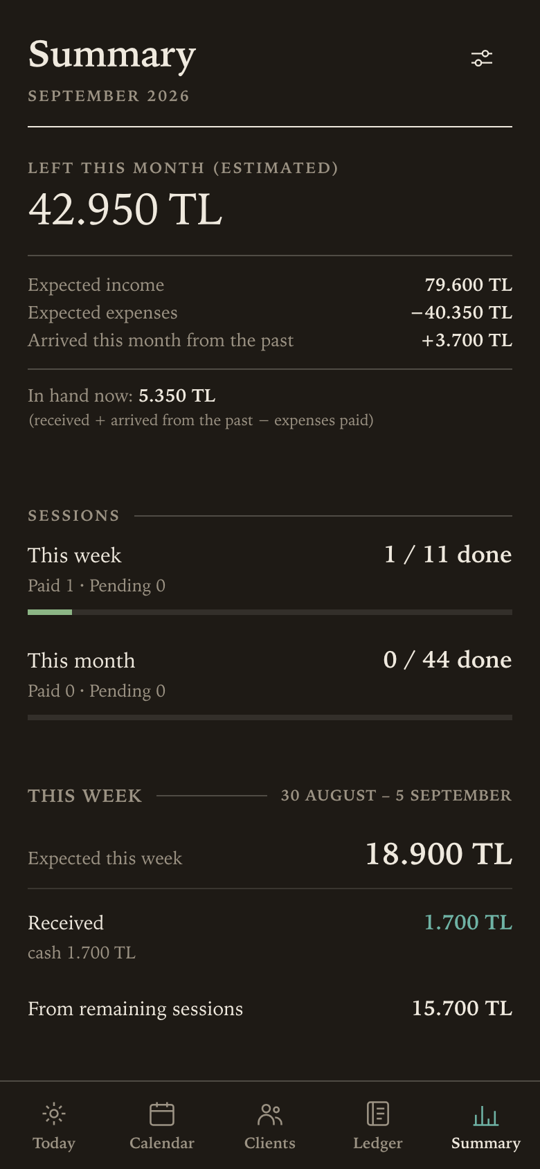 The same summary screen in the dark theme.