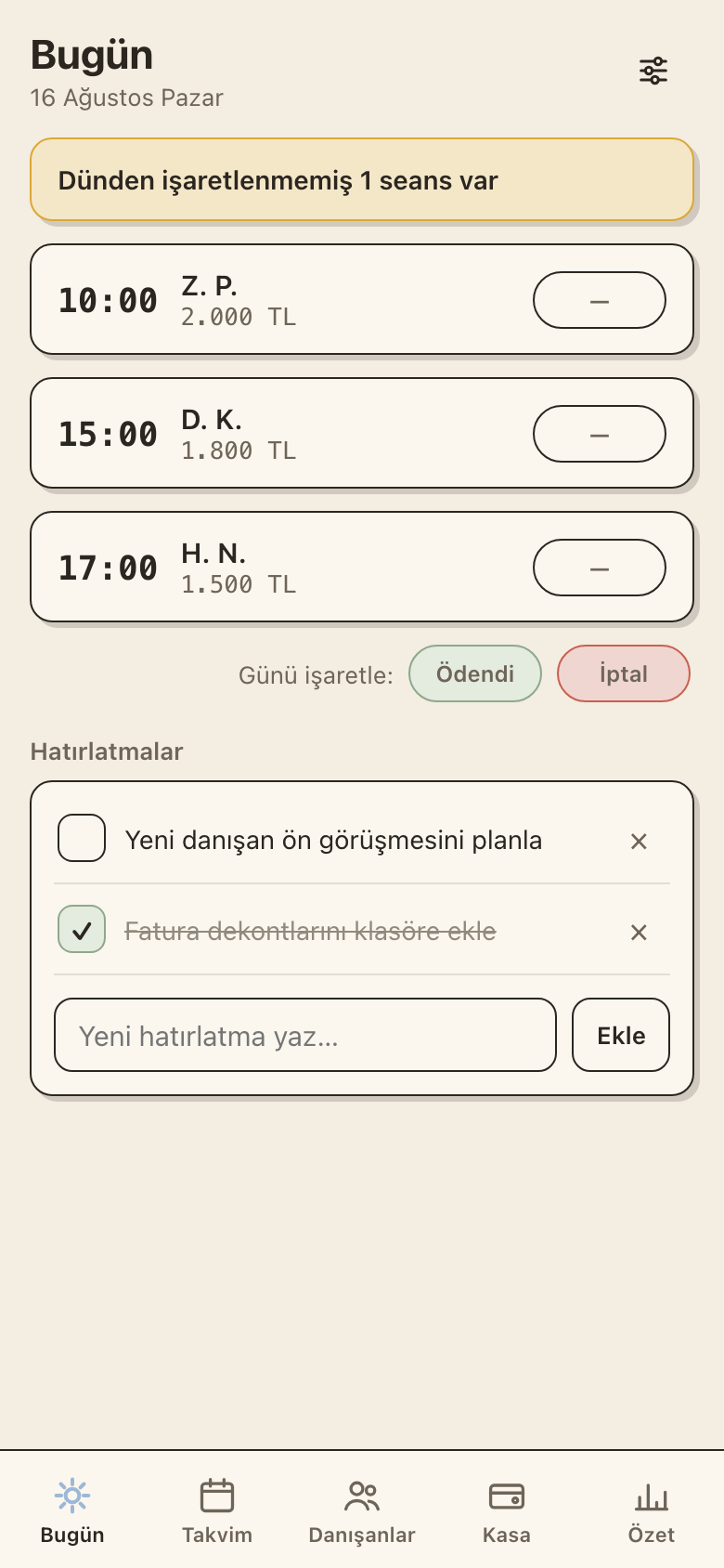 Today screen showing the day's sessions with status chips